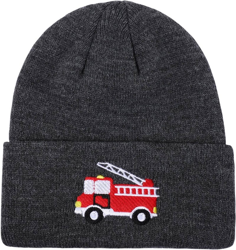 KDVOG Store Kids Knit Beanie Cute Fire Trucks Embroidery Warm Cuffed Skull Caps Classic Autumn Winter Hats for Boys Girls 3-8 Years - Image 1